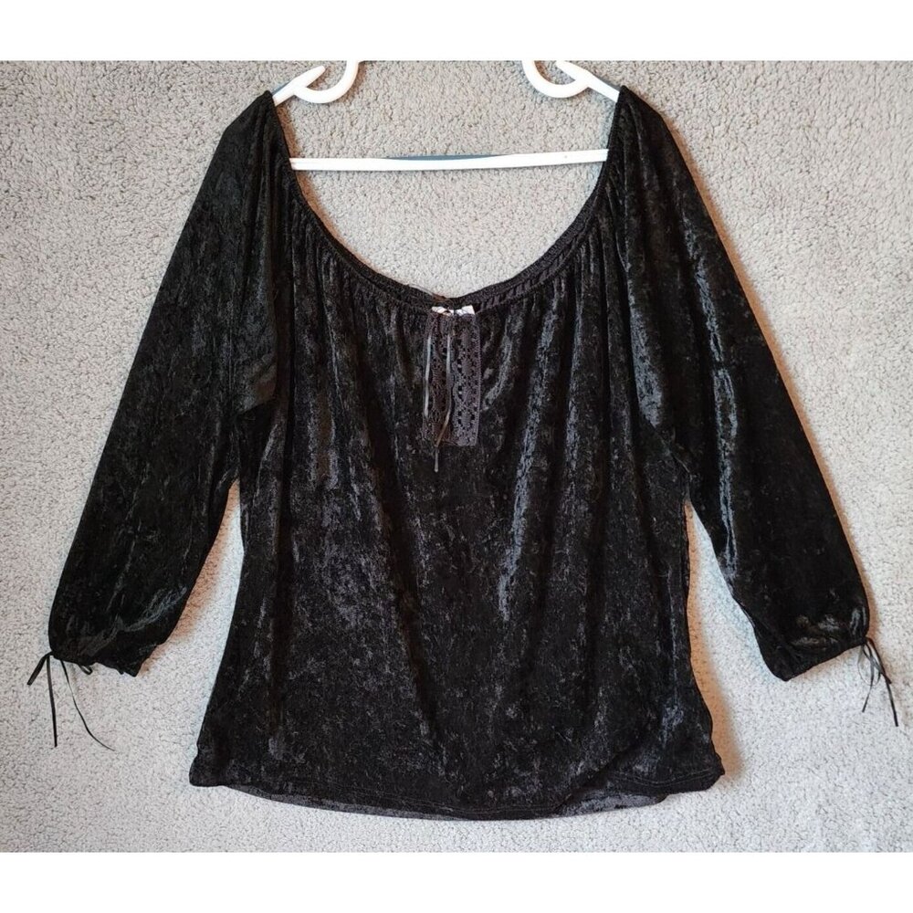 CARAN New York Long Sleeve Off The Shoulder Blouse Top Black Crushed Velvet 3X